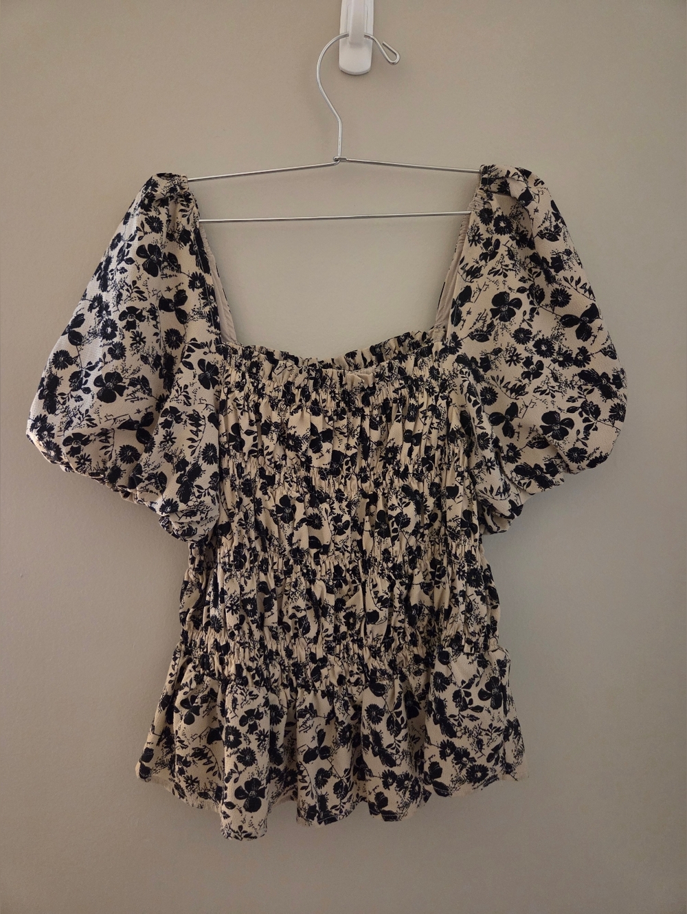 Sugarlips Black Floral Smocked Puff-Sleeve Top on Cream